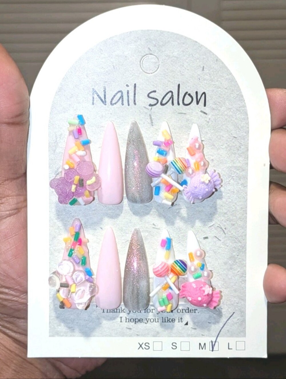 Hand Crafted Pink, White & Purple Stiletto Press-On Nails with Candy 3D Charms
